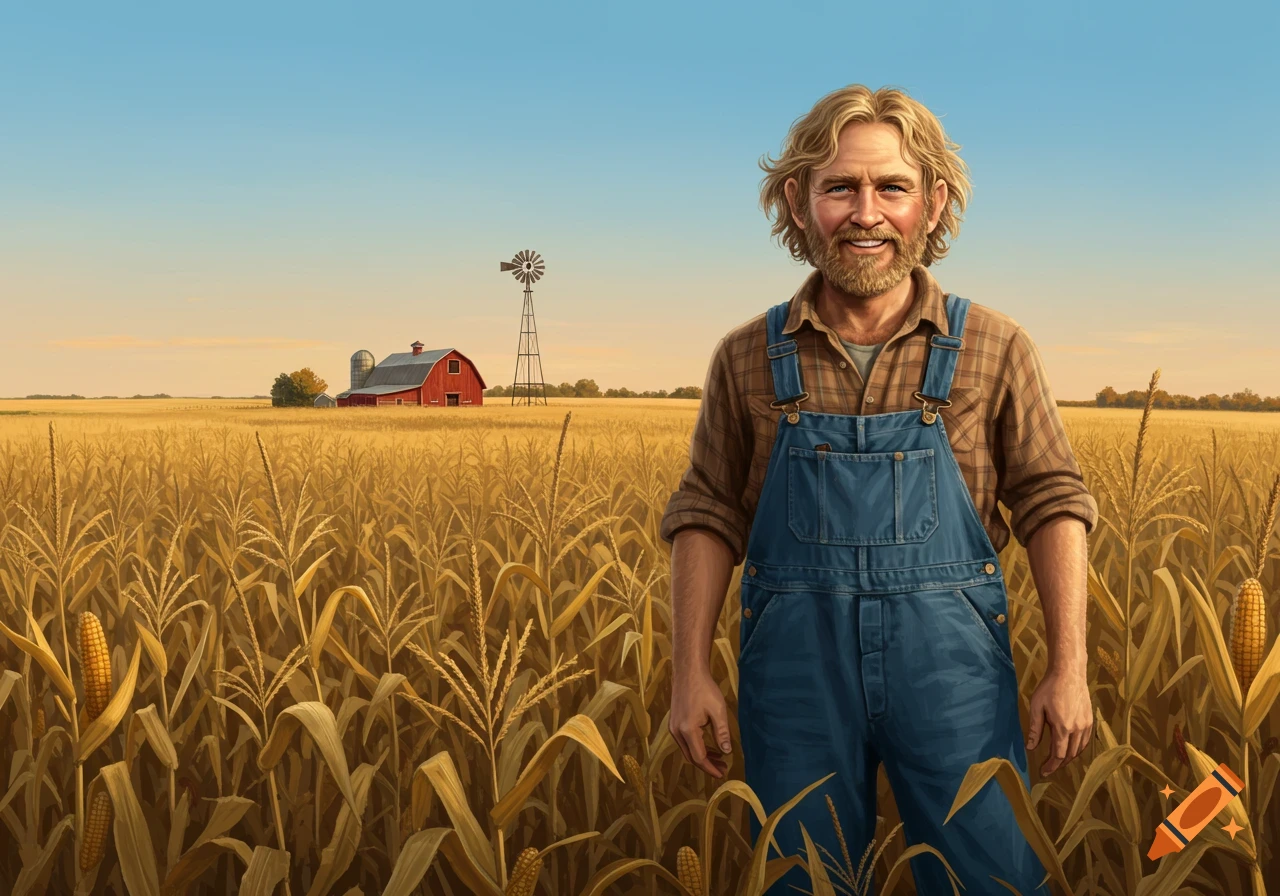 A smiling farmer with a beard and overalls stands in a golden cornfield with a red barn and windmill in the background under a blue sky.