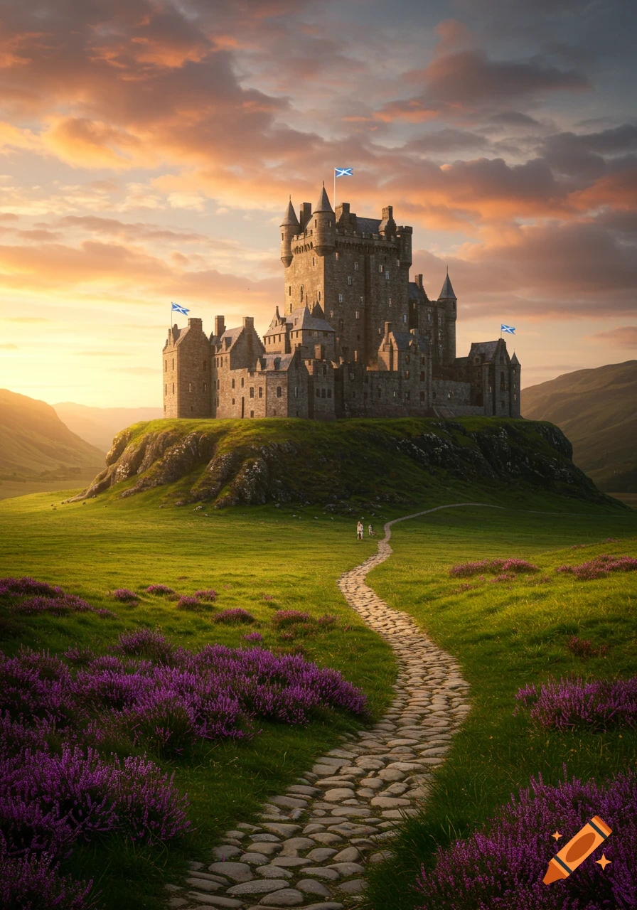 A photorealistic Scottish castle on a hill with a winding stone path through heather, under a dramatic sunset sky.