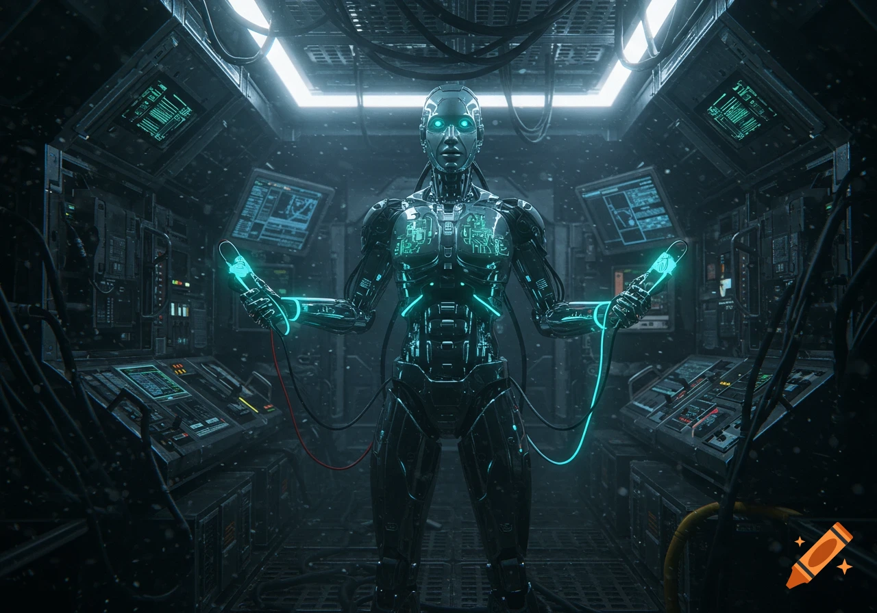 Photorealistic image of a cyberpunk android holding glowing electrodes in a dark spaceship interior.