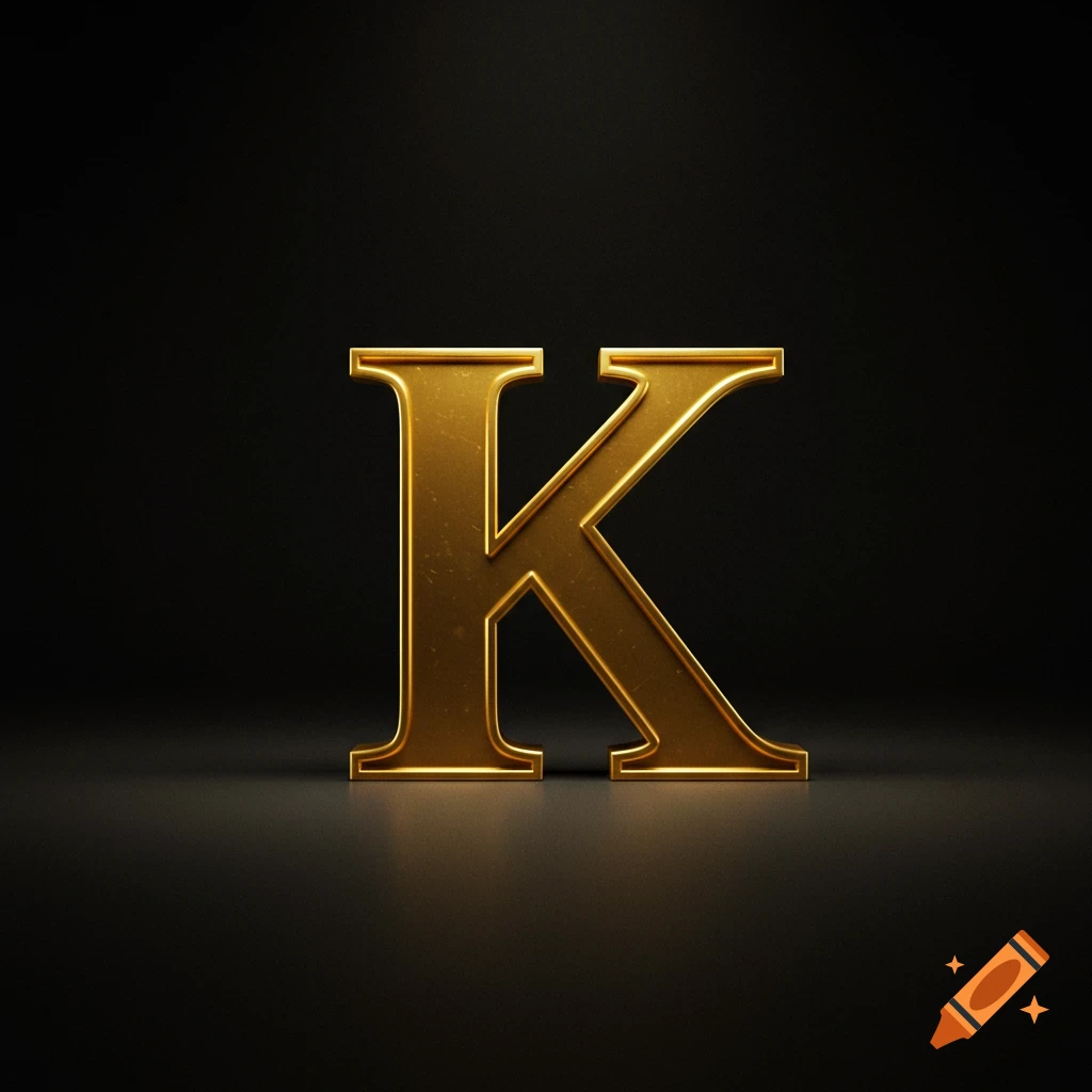 A shiny gold 3D capital letter K with a glowing outline, on a dark, reflective background.
