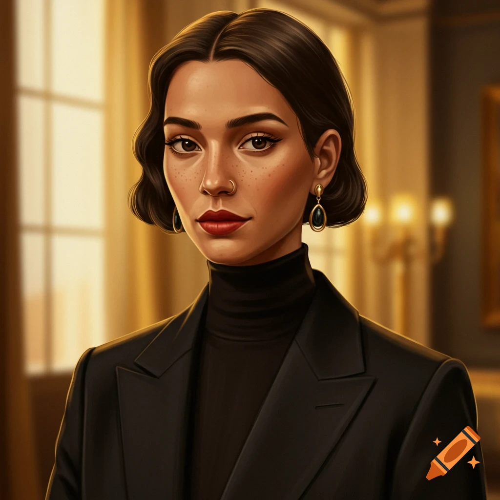 Stylized portrait of a woman with dark hair, a nose piercing, and red lipstick, wearing a black turtleneck and blazer in a warm, elegant interior.