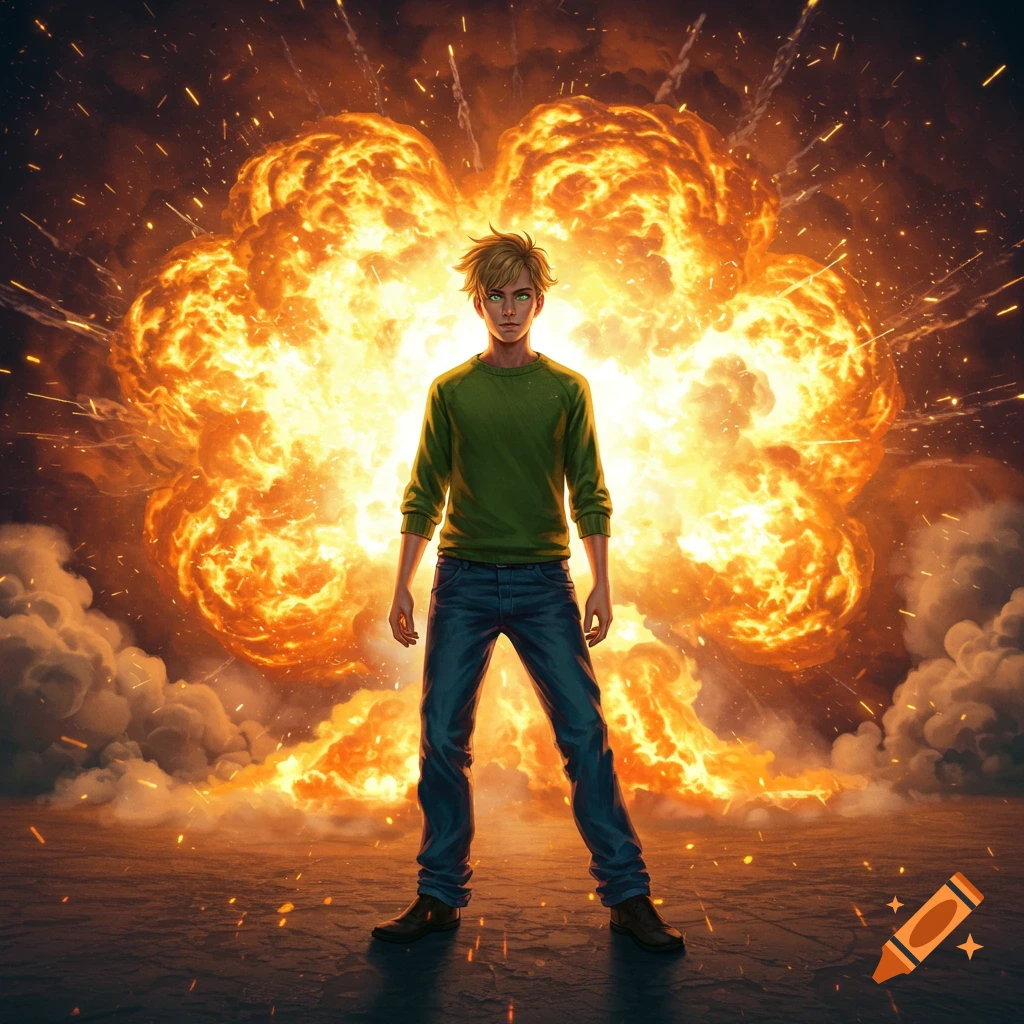 A boy with blonde hair and a green sweater stands calmly in front of a massive, fiery explosion.