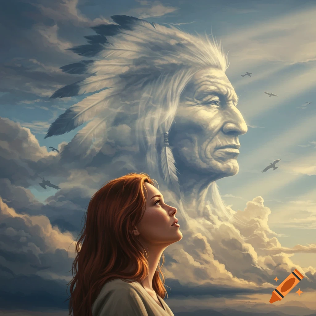 A woman with red hair looks up at a majestic cloud formation resembling a Native American chief in a feathered headdress, with birds flying in the sky, art style.