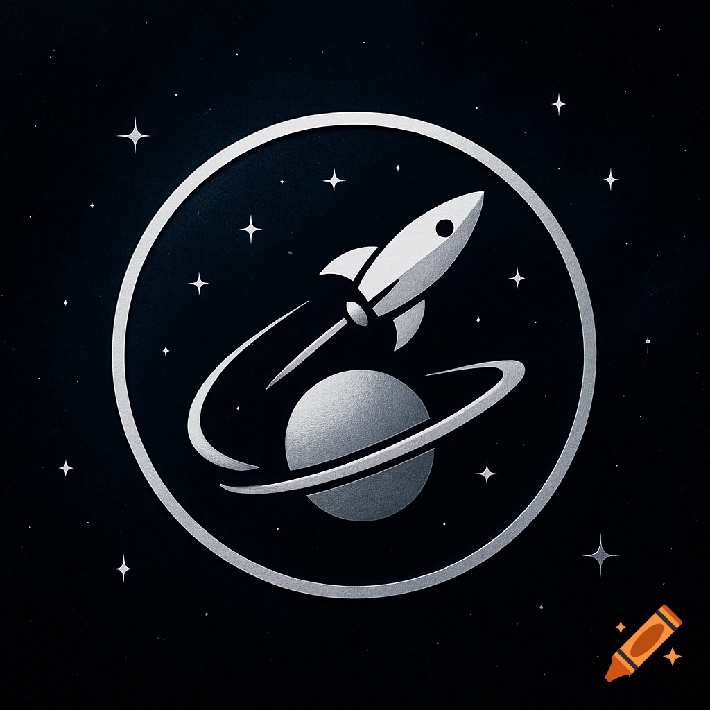A sleek silver rocket orbiting a planet within a circular emblem, against a dark starry background.