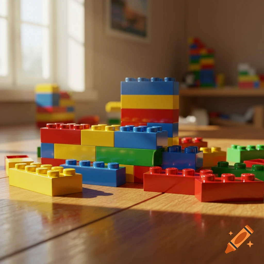 Photorealistic image of colorful Lego building blocks scattered and built up on a sunlit wooden floor in a room.