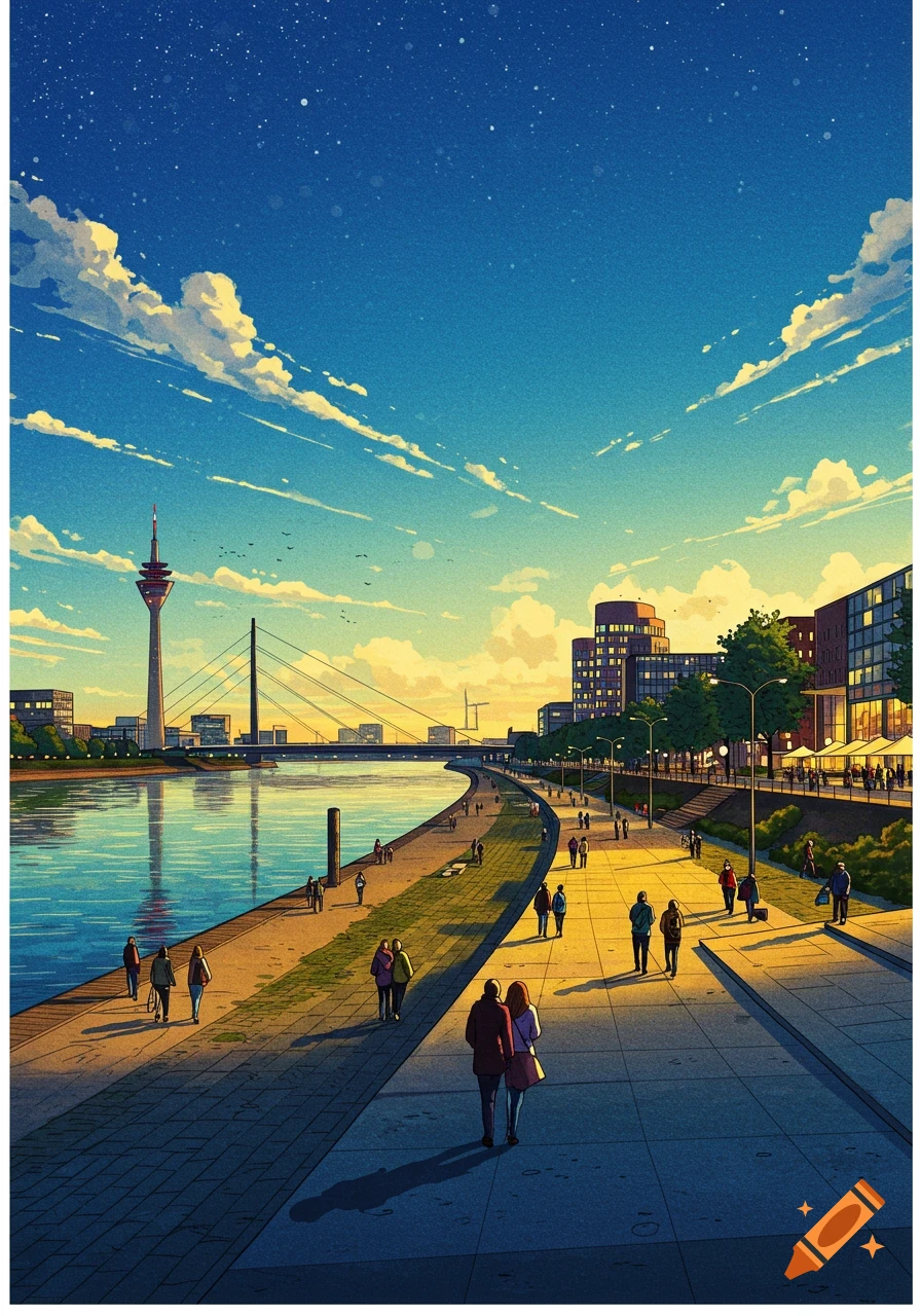 Anime illustration of a city riverside promenade with people walking, a tower, and a bridge under a bright blue sky.
