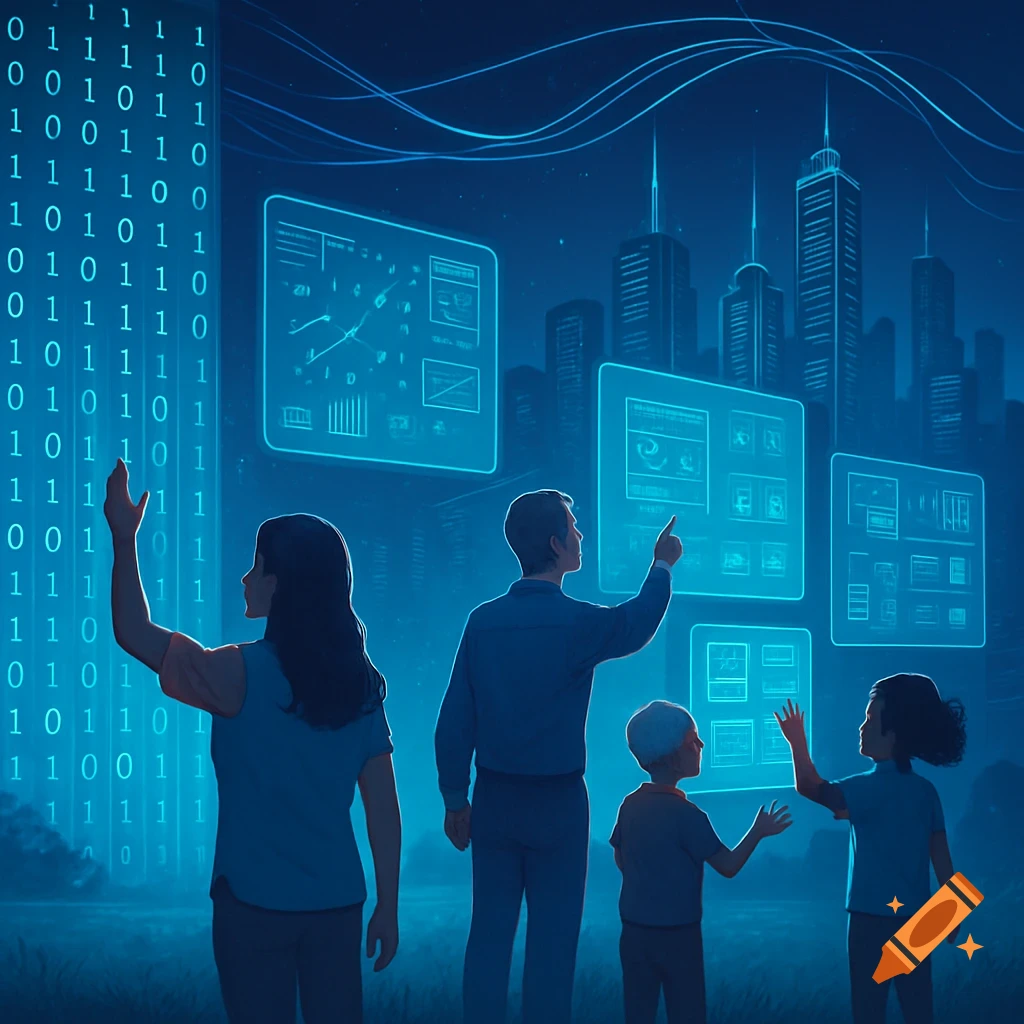 A family looks up at glowing holographic screens displaying data and binary code against a futuristic city skyline at night.