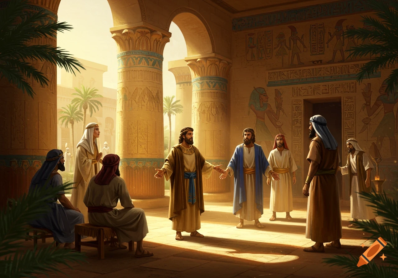 Men in ancient robes gather in a grand hall with pillars and walls decorated with Egyptian hieroglyphs, illuminated by bright sunlight.