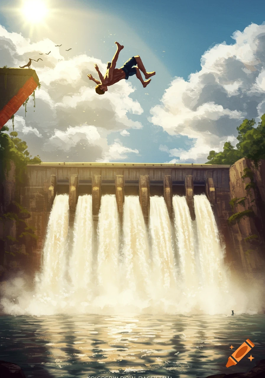 A man in shorts does a backflip mid-air over a large dam with water cascading down into a reflective pool, under a sunny, cloudy sky in an illustrative style.