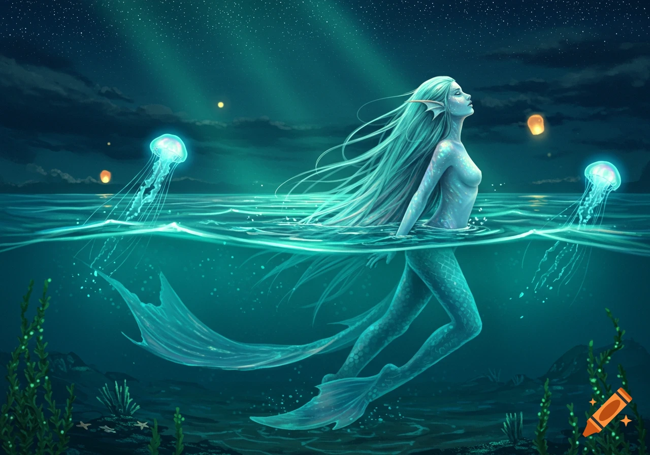 A pale-skinned mermaid with long blue hair surfaces from dark teal water, gazing at a starry night sky with glowing jellyfish.