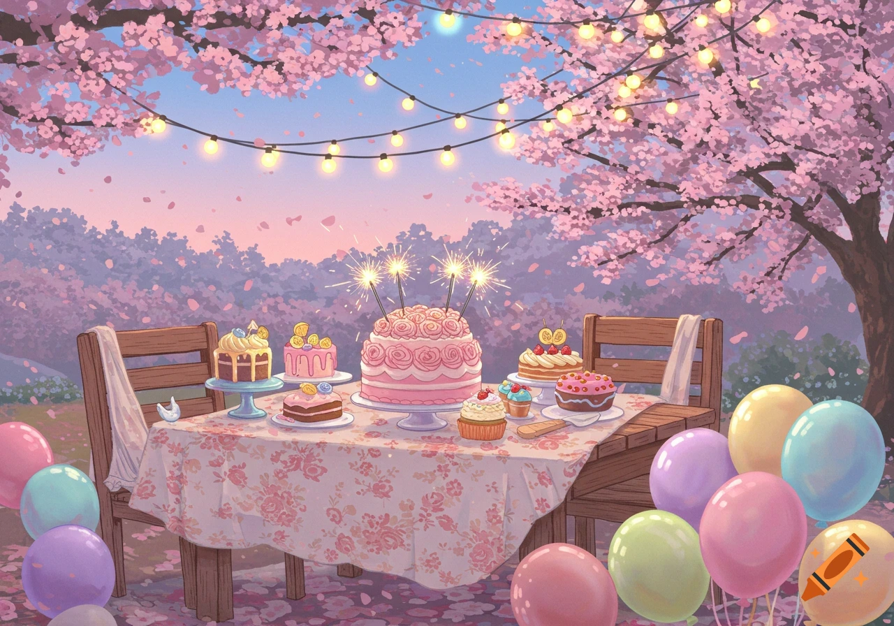 An anime-style outdoor birthday party with multiple cakes on a table, balloons, and string lights under pink cherry blossom trees at sunset.
