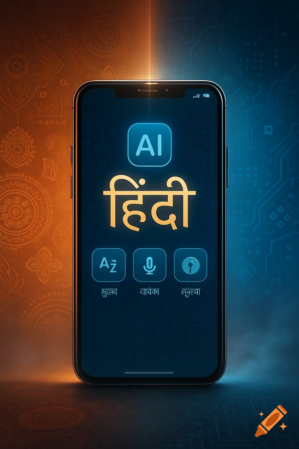 Smartphone displaying an AI Hindi app interface with glowing text, set against a split orange and blue patterned background.