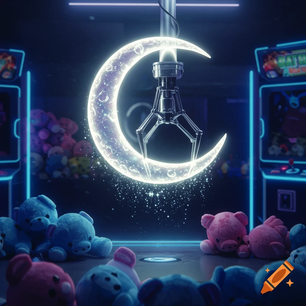 A claw machine with a glowing crescent moon claw, surrounded by blue and pink plush toys in a dark arcade.