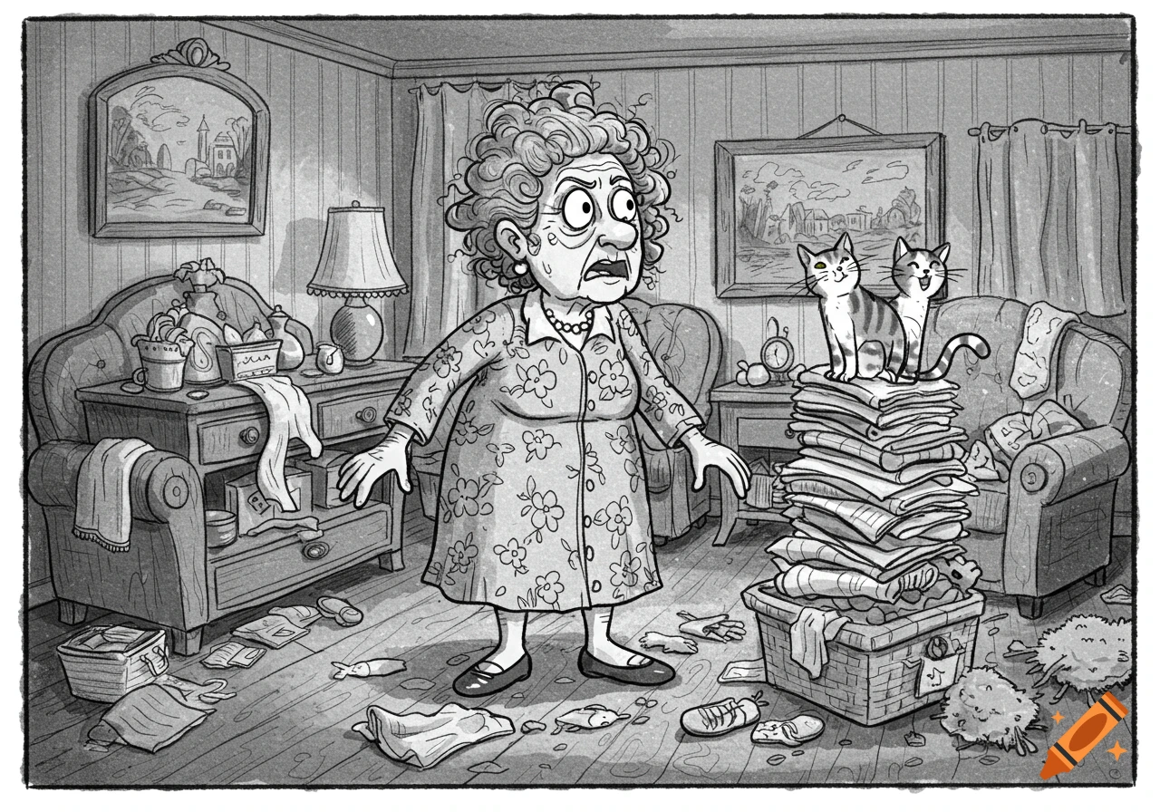 A black and white cartoon sketch of a shocked old lady in a messy living room, with two cats on a pile of laundry.