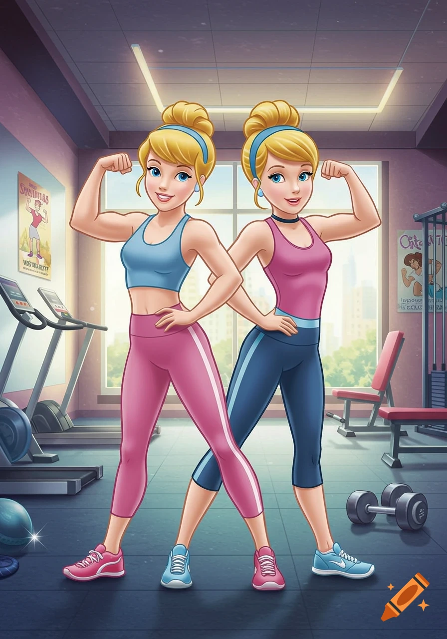 Two cartoon women resembling Cinderella, wearing sportswear, flex their muscles in a brightly lit gym.