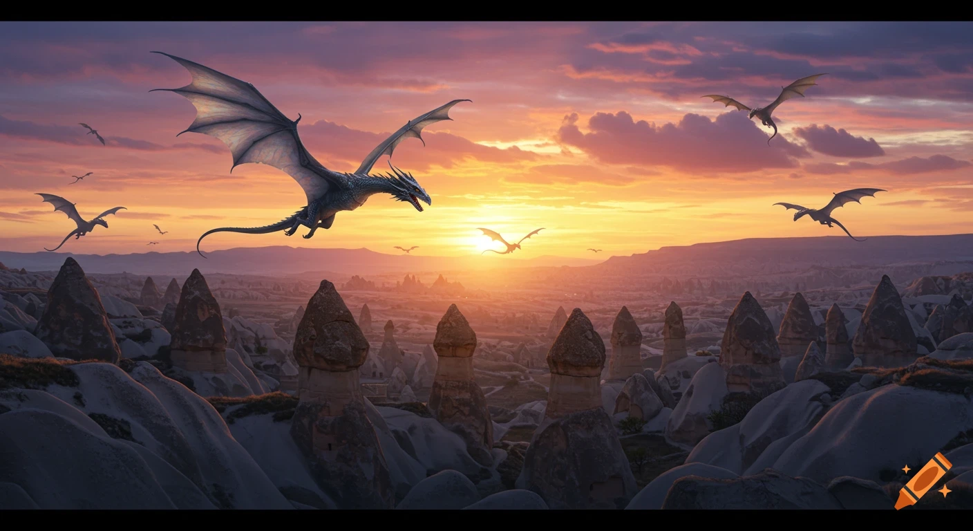 Photorealistic dragons flying majestically over unique rock formations in Cappadocia during a vibrant sunset.