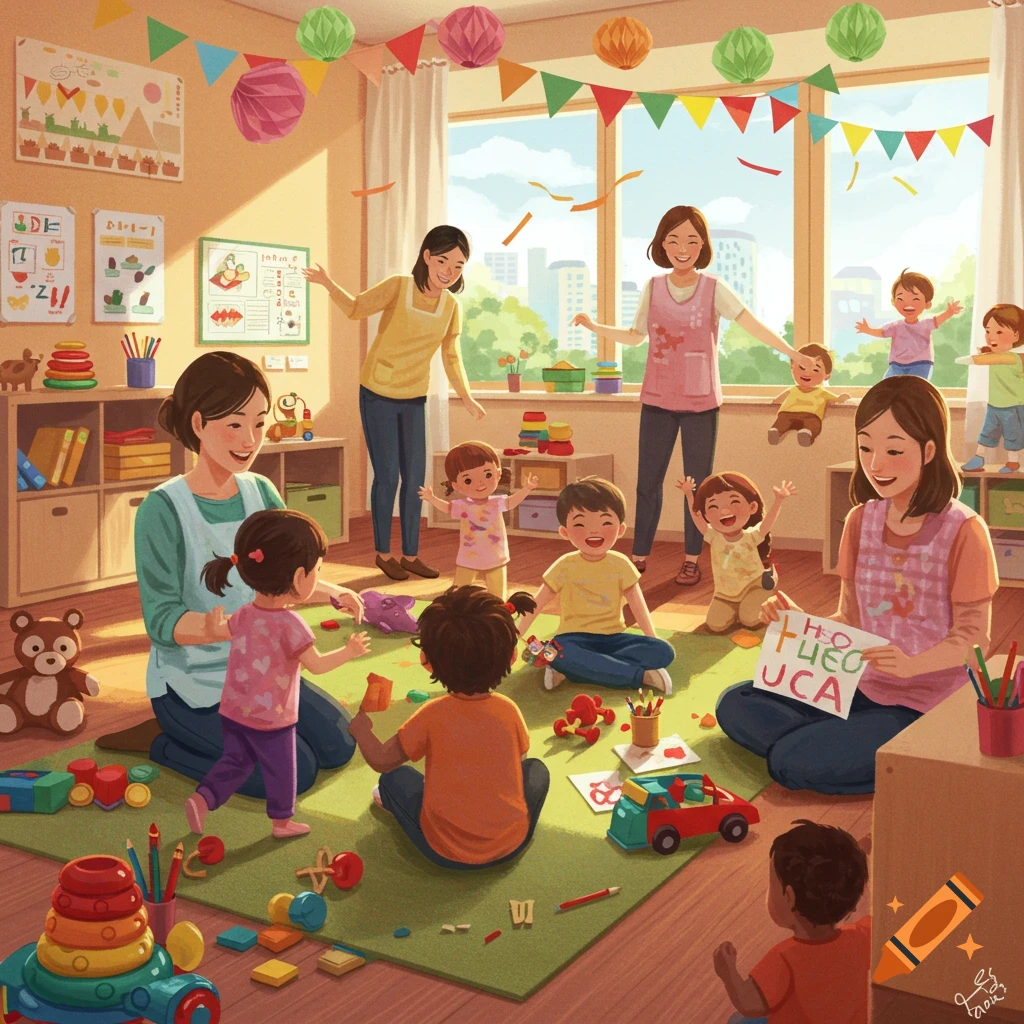 A cheerful preschool classroom scene with teachers and children playing with toys, drawing, and interacting happily. Bright and colorful style.