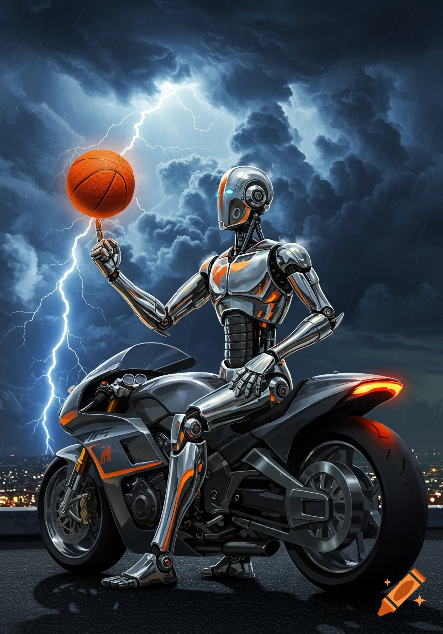 A chrome robot on a motorcycle spins a basketball on its finger beneath a stormy sky with lightning.