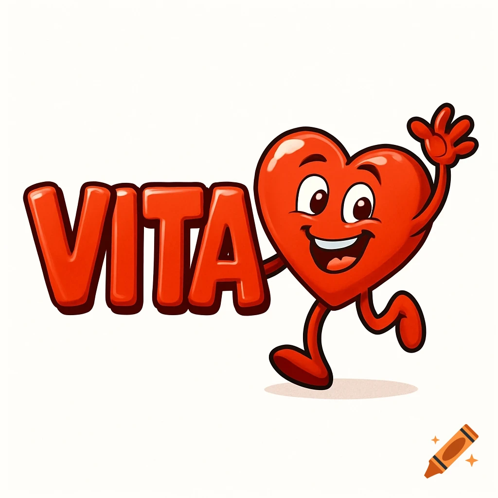 A cheerful cartoon red heart character waving and running next to the 3D red text 'VITA' on a white background.