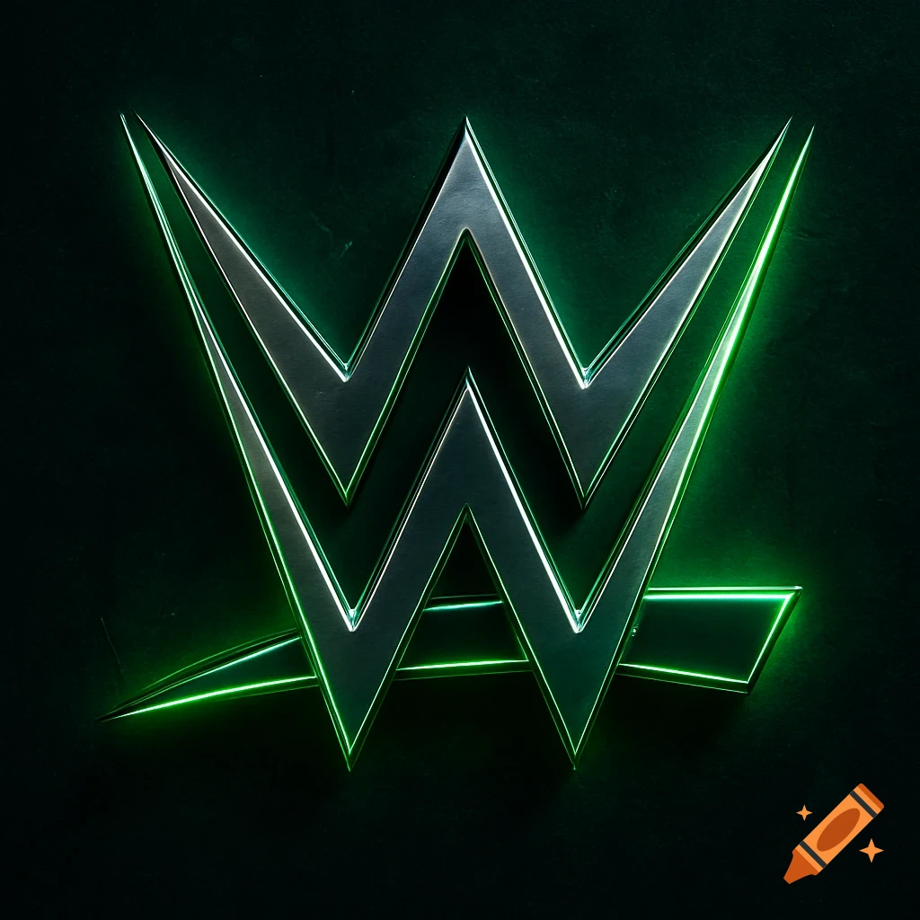 Metallic WWE logo with a bright green neon outline on a dark background.