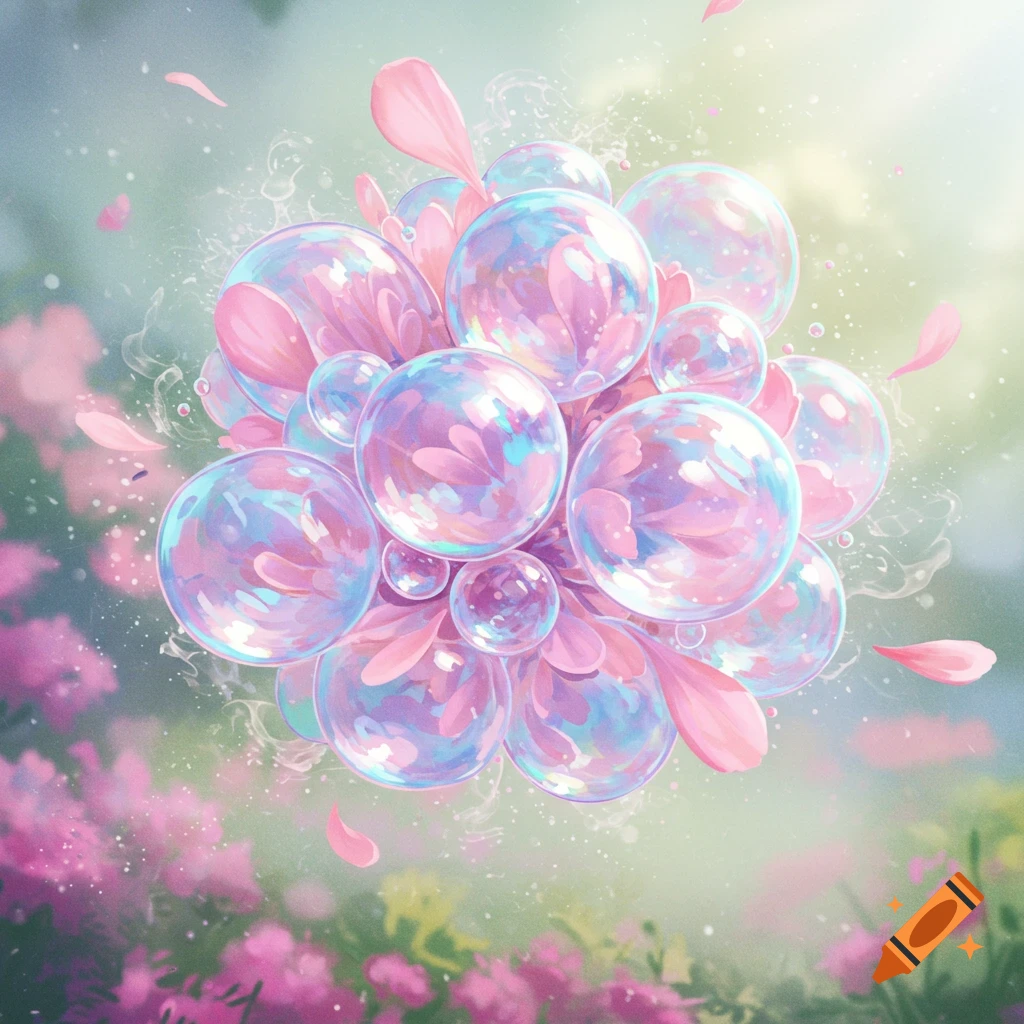 Iridescent pink and blue bubbles clustered with scattered pink petals and glitter amidst soft-focus pink and green foliage.