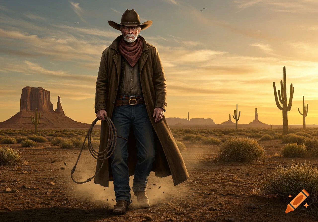 An old cowboy in a long coat and hat holds a rope in a desert landscape with mesas and cacti at sunset.
