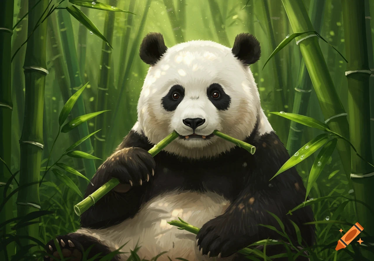 A fluffy panda sits among dense green bamboo stalks, eating a bamboo branch.