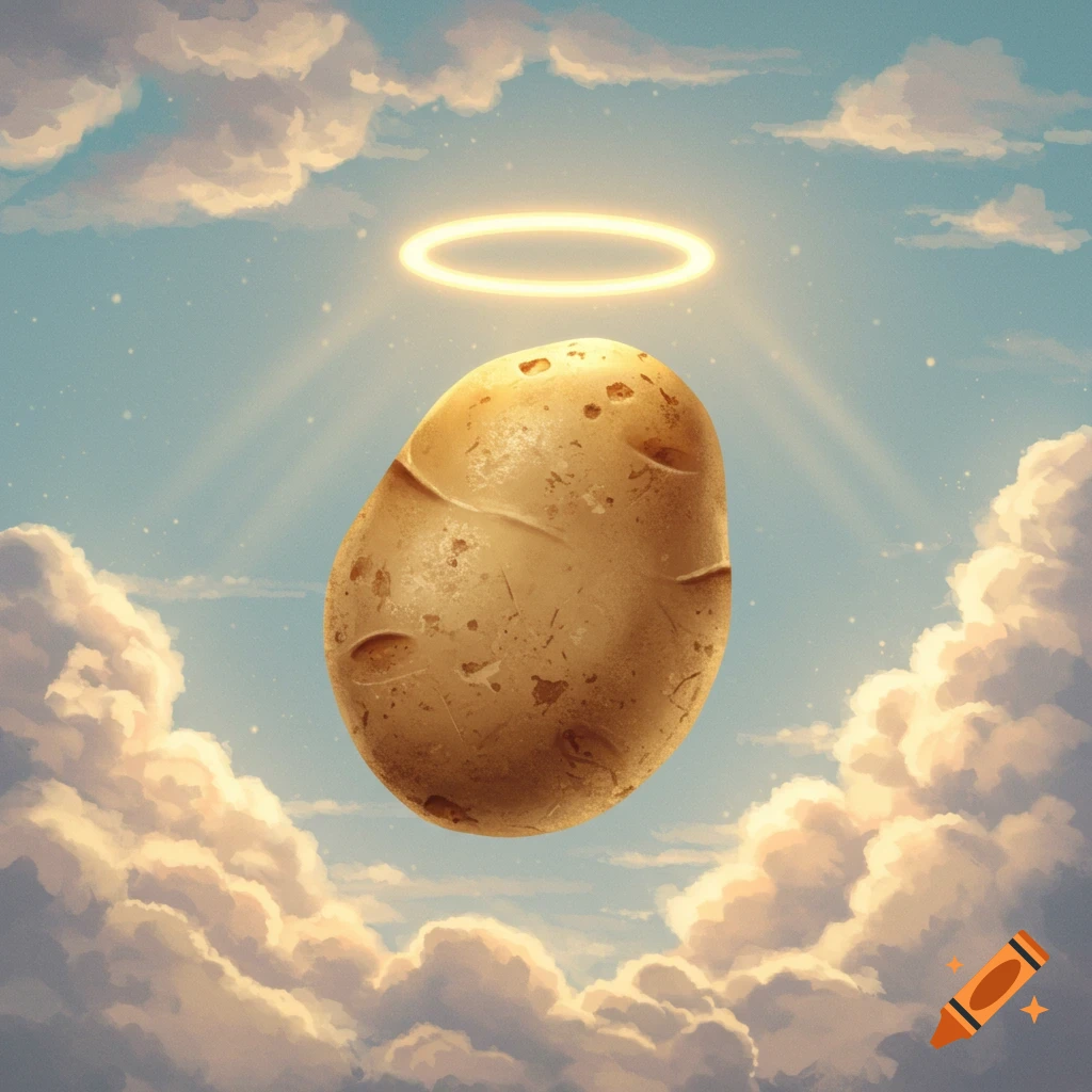 A potato with a glowing halo floats among fluffy clouds in a blue sky.