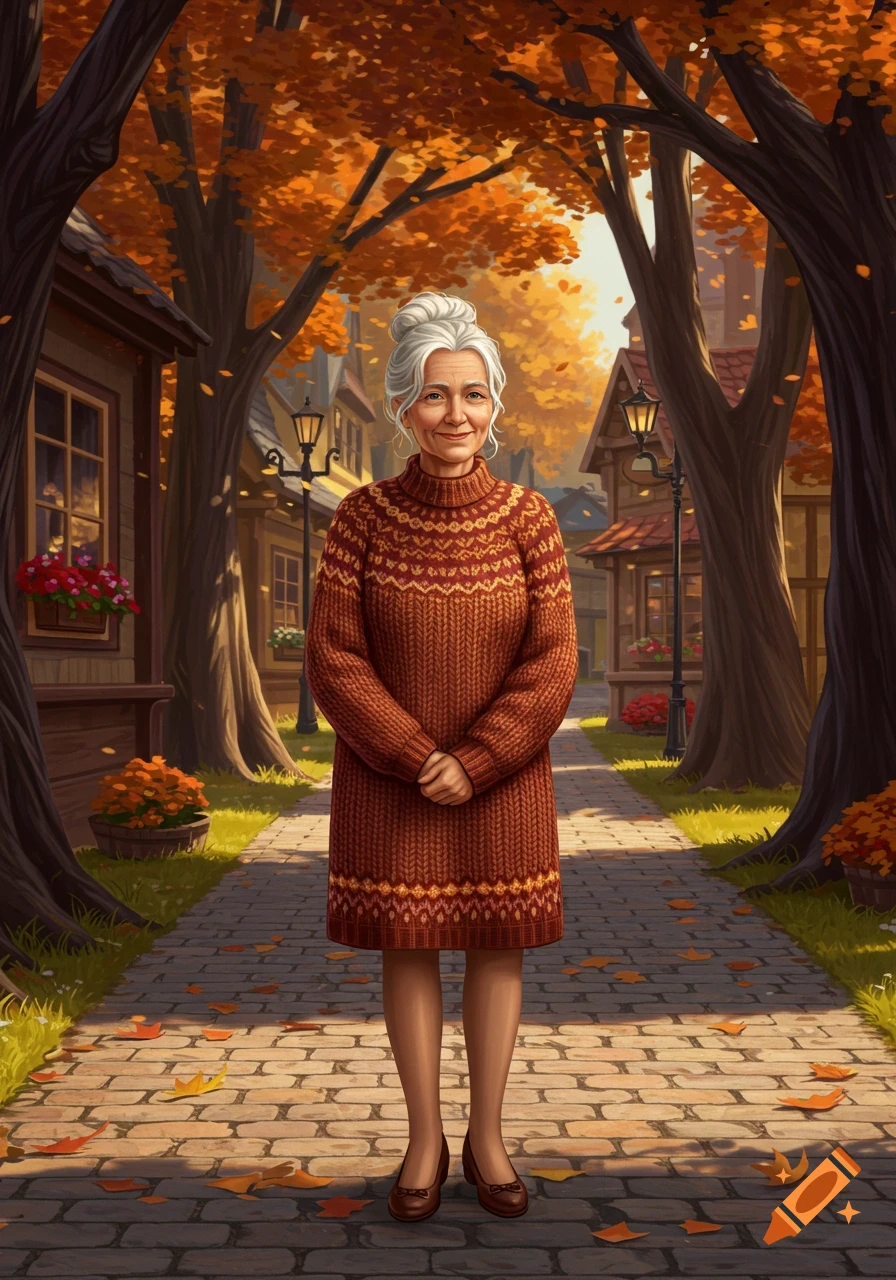 An illustrated older woman in a patterned sweater dress stands on an autumn village path lined with colorful trees and houses.