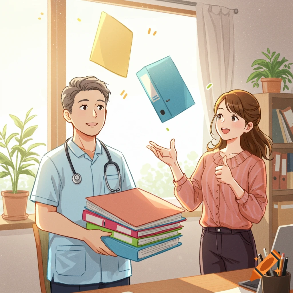 An anime-style male healthcare worker holds a stack of files as a female colleague smiles, giving a thumbs up, with more files floating in a bright office.