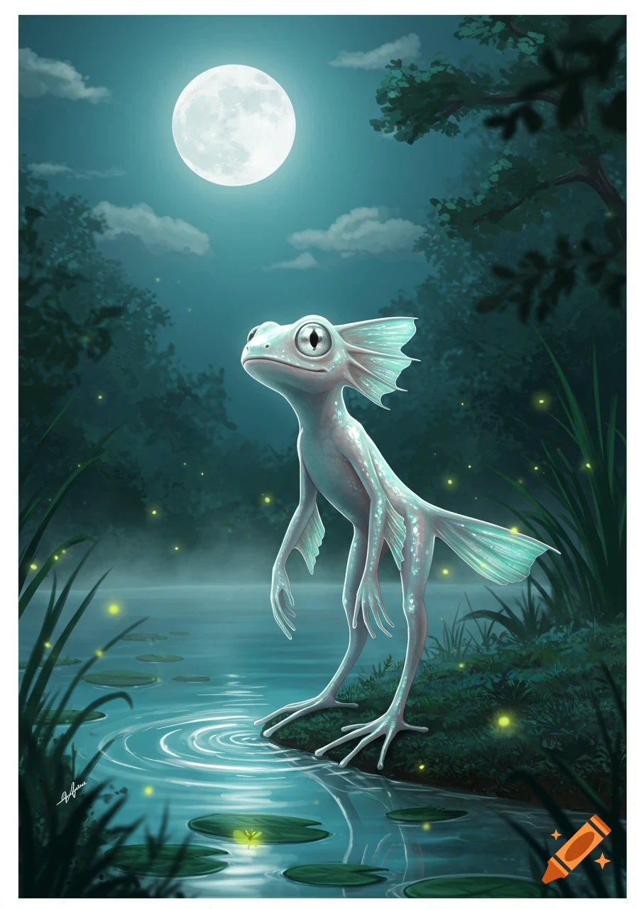 A pale, bipedal amphibian creature with fins stands by a moonlit pond, its foot disturbing the water, with fireflies glowing in the swampy forest.