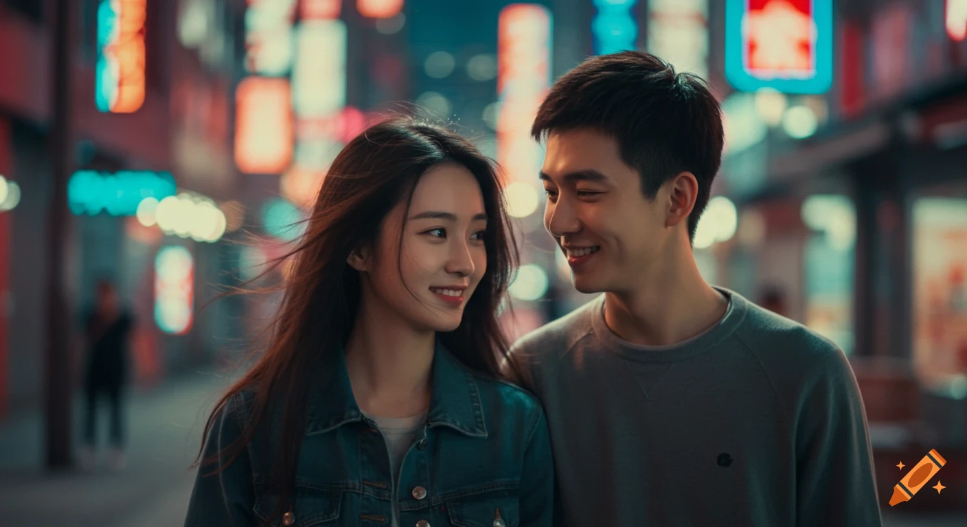 A young Asian couple smiles at each other on a busy city street at night, with colorful neon lights blurring in the background. Photorealistic style.
