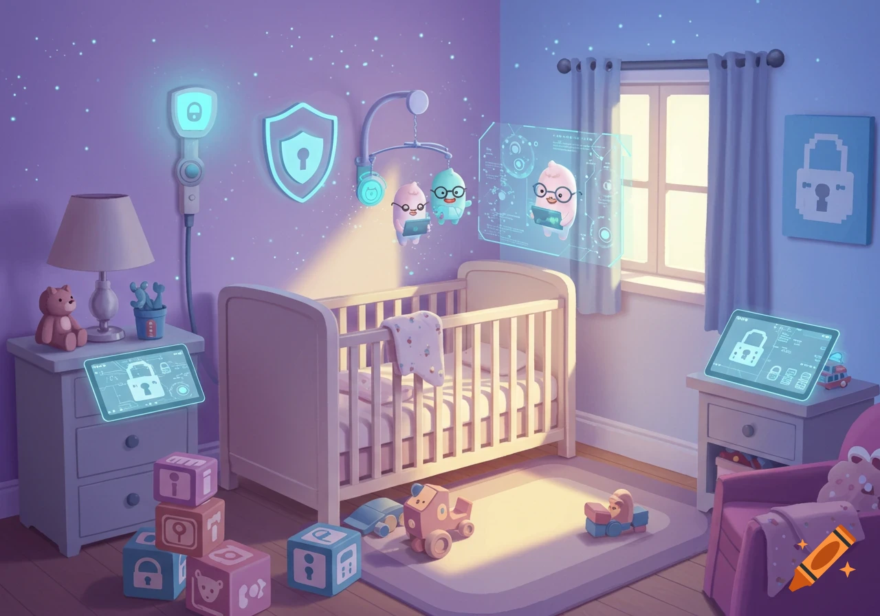 An illustrated futuristic baby nursery with purple walls, a crib, and glowing cybersecurity-themed screens, symbols, and a mobile with cartoon characters.