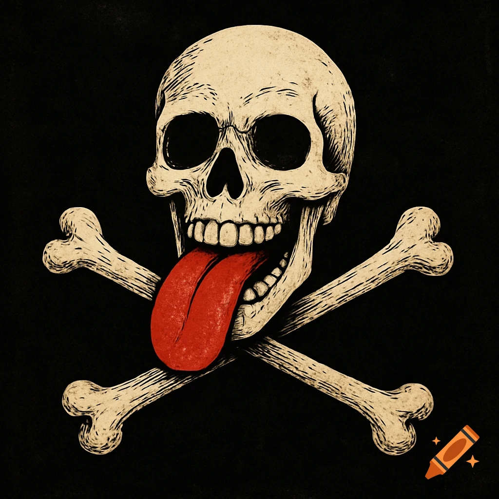 Vintage style illustration of a white skull with a red tongue sticking out, over crossed white bones, on a black background.