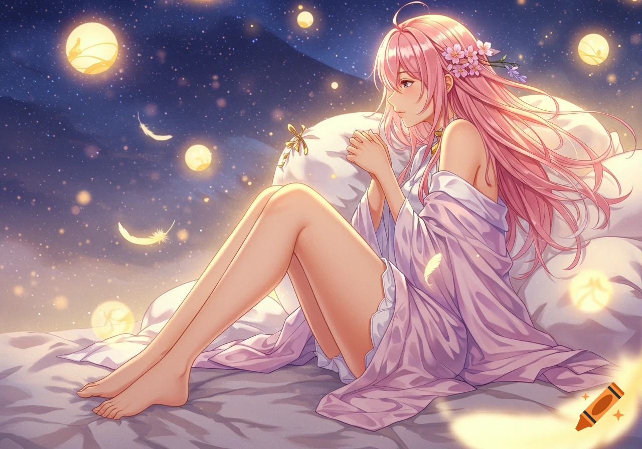 Anime woman with pink hair and flowers, wearing a robe, sitting on pillows in a dreamy night with glowing orbs and feathers.