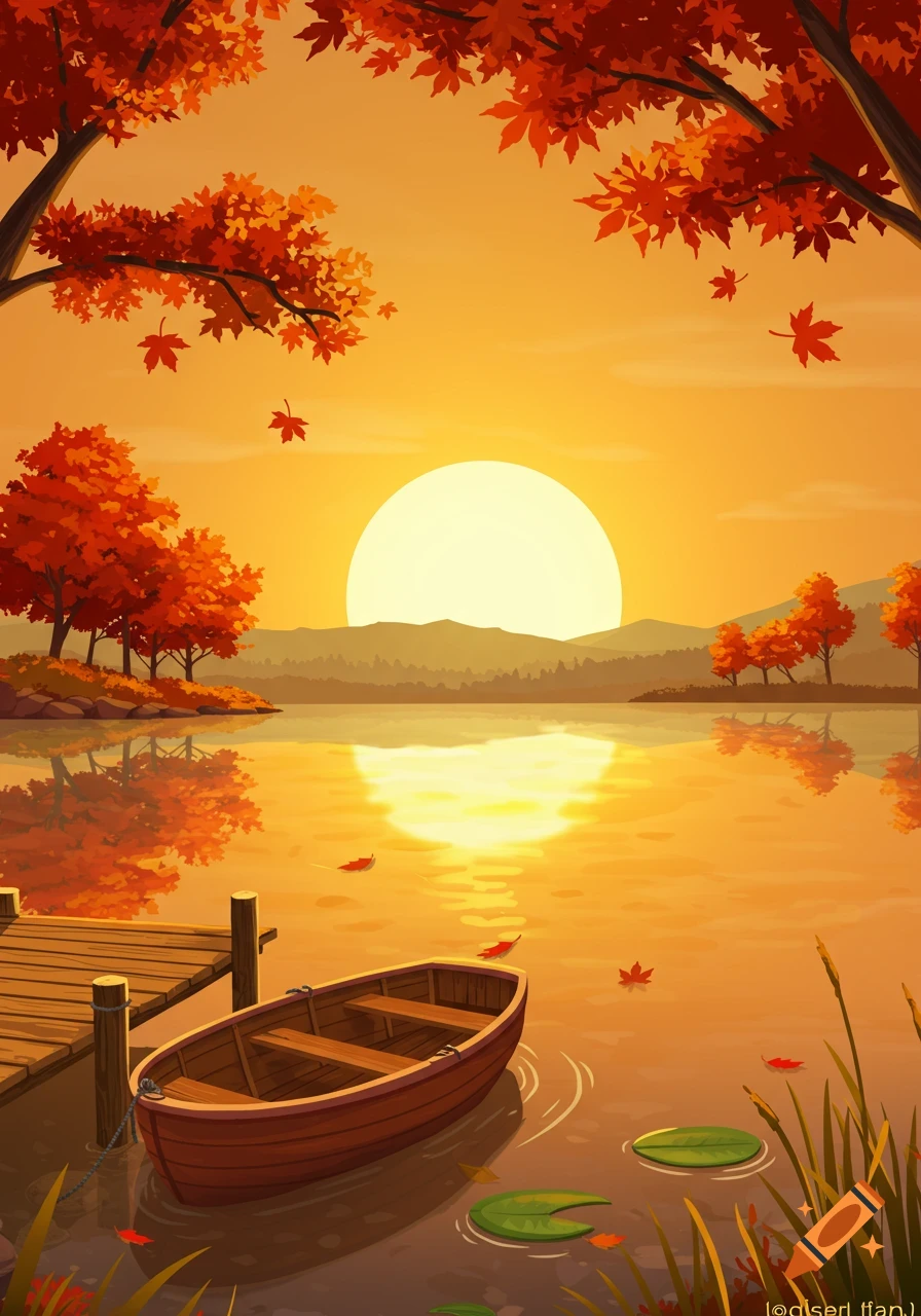 Stylized illustration of a boat by a wooden dock on an autumn lake at sunset, surrounded by trees with red and orange foliage.