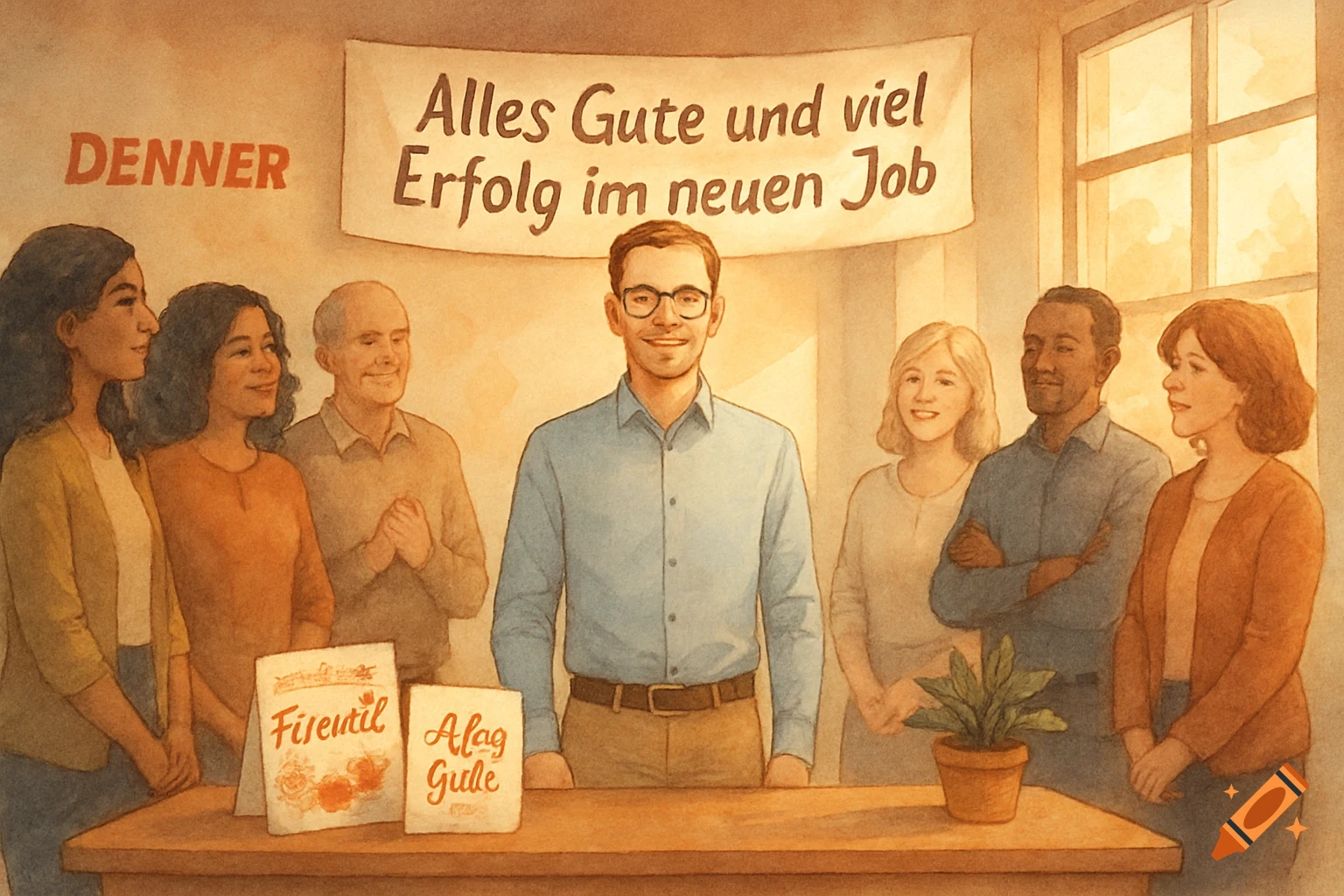 Watercolor illustration of an office farewell, with a diverse group of colleagues standing around a smiling man. A banner reads "Alles Gute und viel Erfolg im neuen Job" and "DENNER" is on the wall. Gifts are on the table.