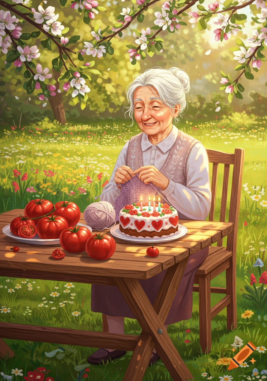 An illustration of a smiling elderly woman knitting at a wooden table in a sunny garden with a birthday cake and tomatoes.