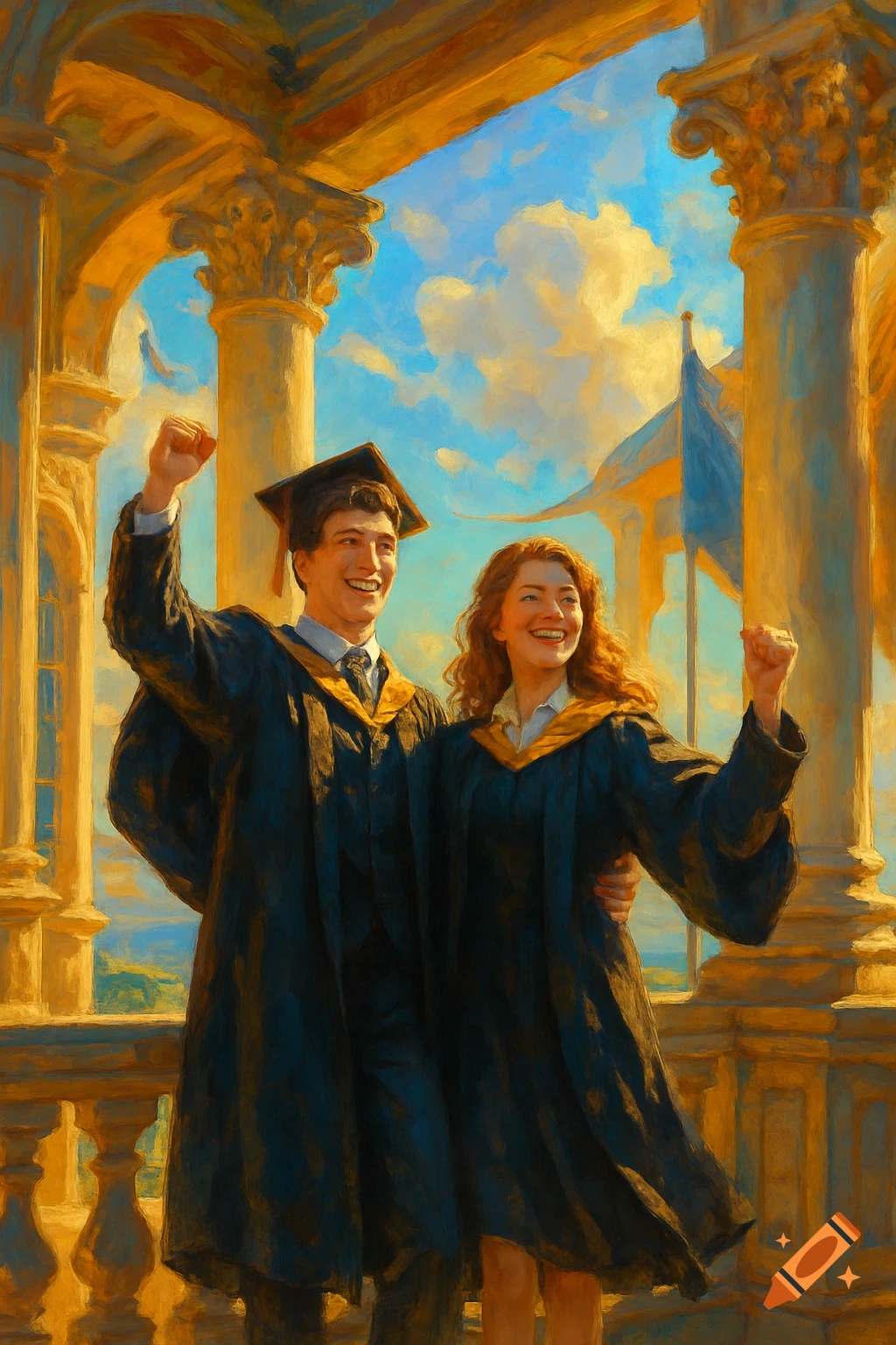 A joyous oil painting of two graduating students, a male and female, celebrating with raised fists on a grand balcony.