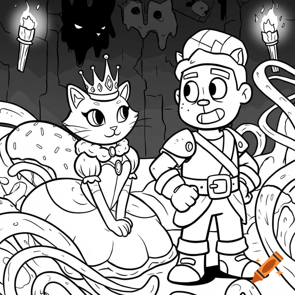 Black and white line art of a cat princess and a boy adventurer standing in a cave with torches.