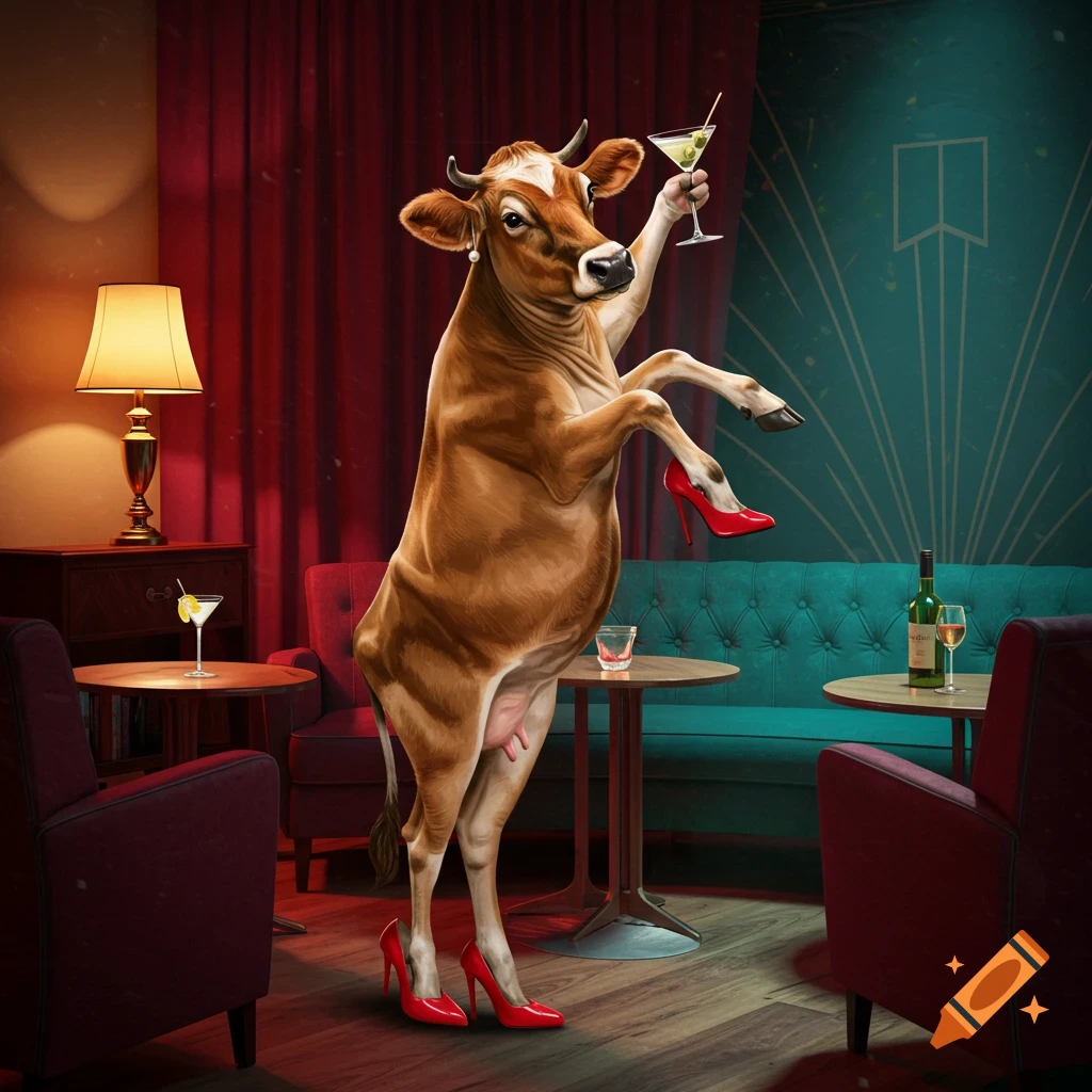 A photorealistic Jersey cow, wearing red high heels, stands on her hind legs holding a martini in an elegant bar.