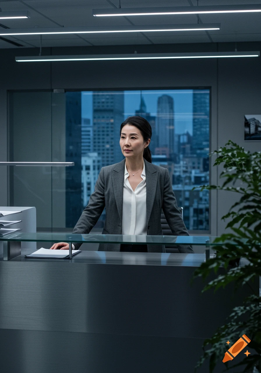 A professional East Asian woman in a grey suit stands behind a glass-topped desk in a modern office, city buildings visible outside a large window.