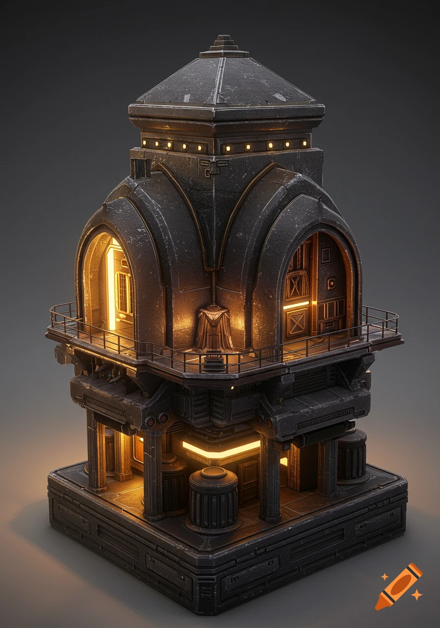 Ornate, dark metallic futuristic building with glowing orange lights against a grey background.