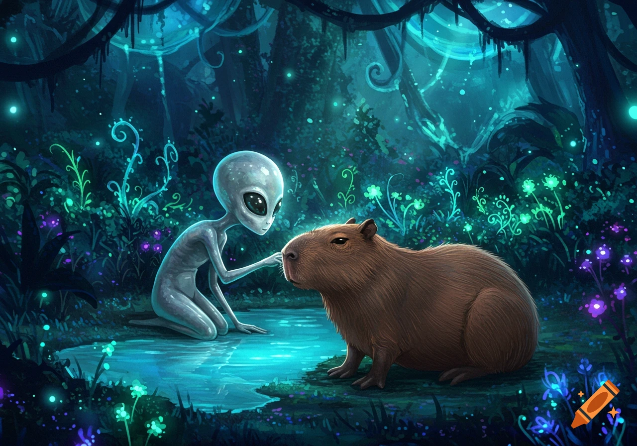 An alien creature kneels and gently touches a capybara in a glowing, bioluminescent fantasy forest at night.