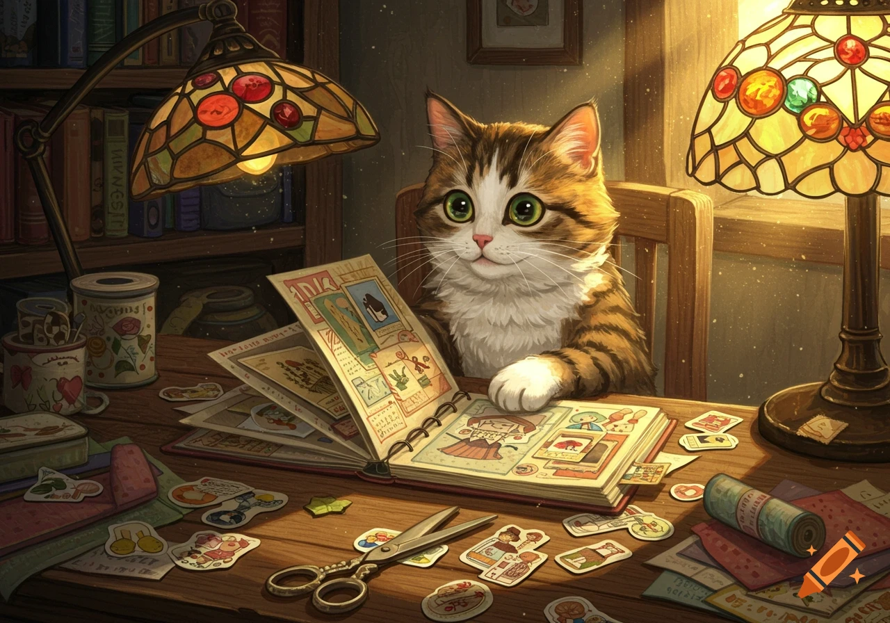 A cute tabby cat with big green eyes is sitting at a wooden desk, looking at an open scrapbook under a warm lamp. The desk is covered with craft supplies like scissors and stickers.
