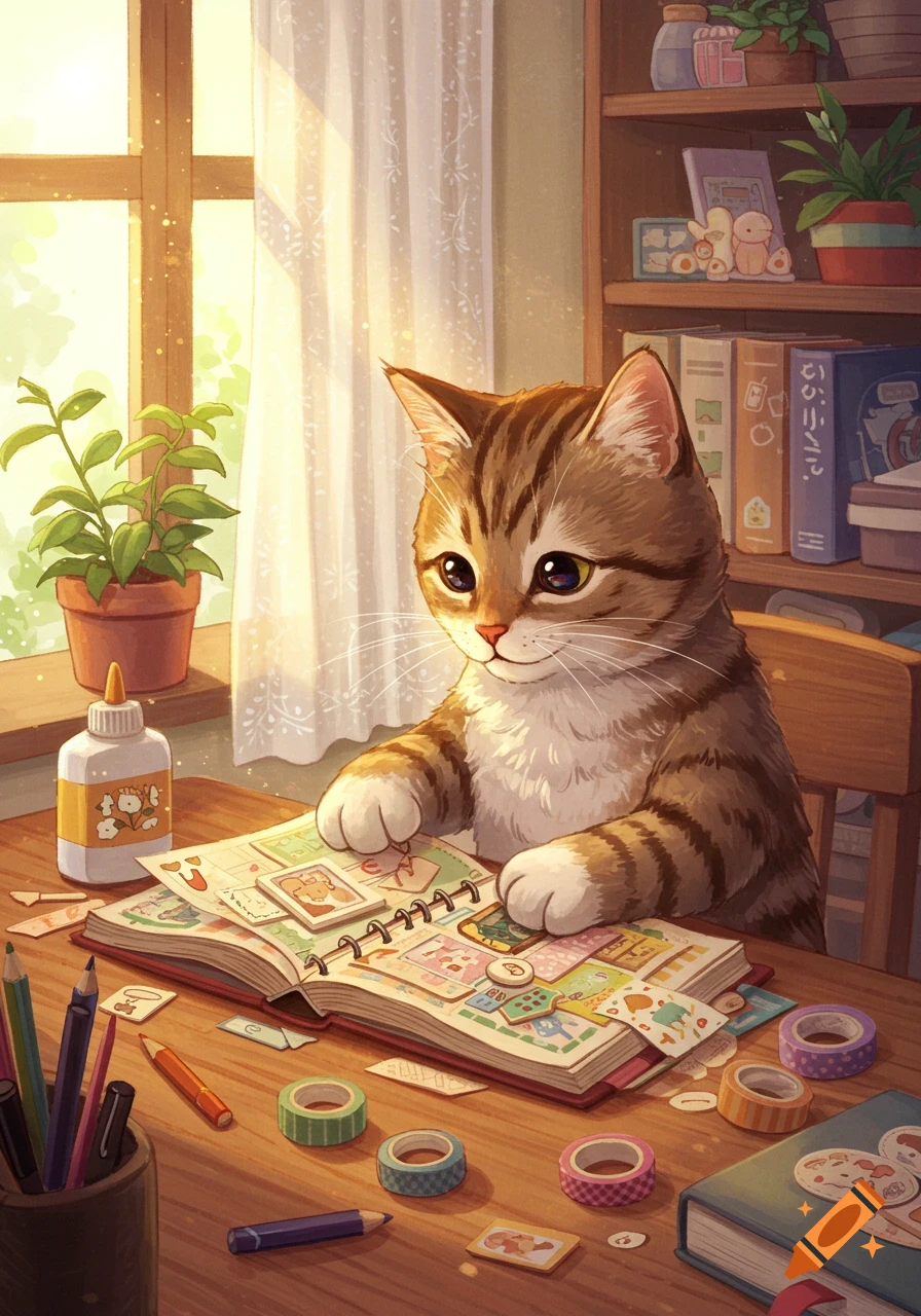A cute tabby cat sits at a sunlit wooden desk, meticulously working on a scrapbook filled with colorful stickers and washi tape.