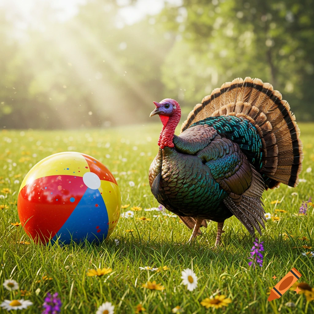 A photorealistic image of a turkey standing next to a colorful beach ball in a sunny, grassy field with wildflowers.