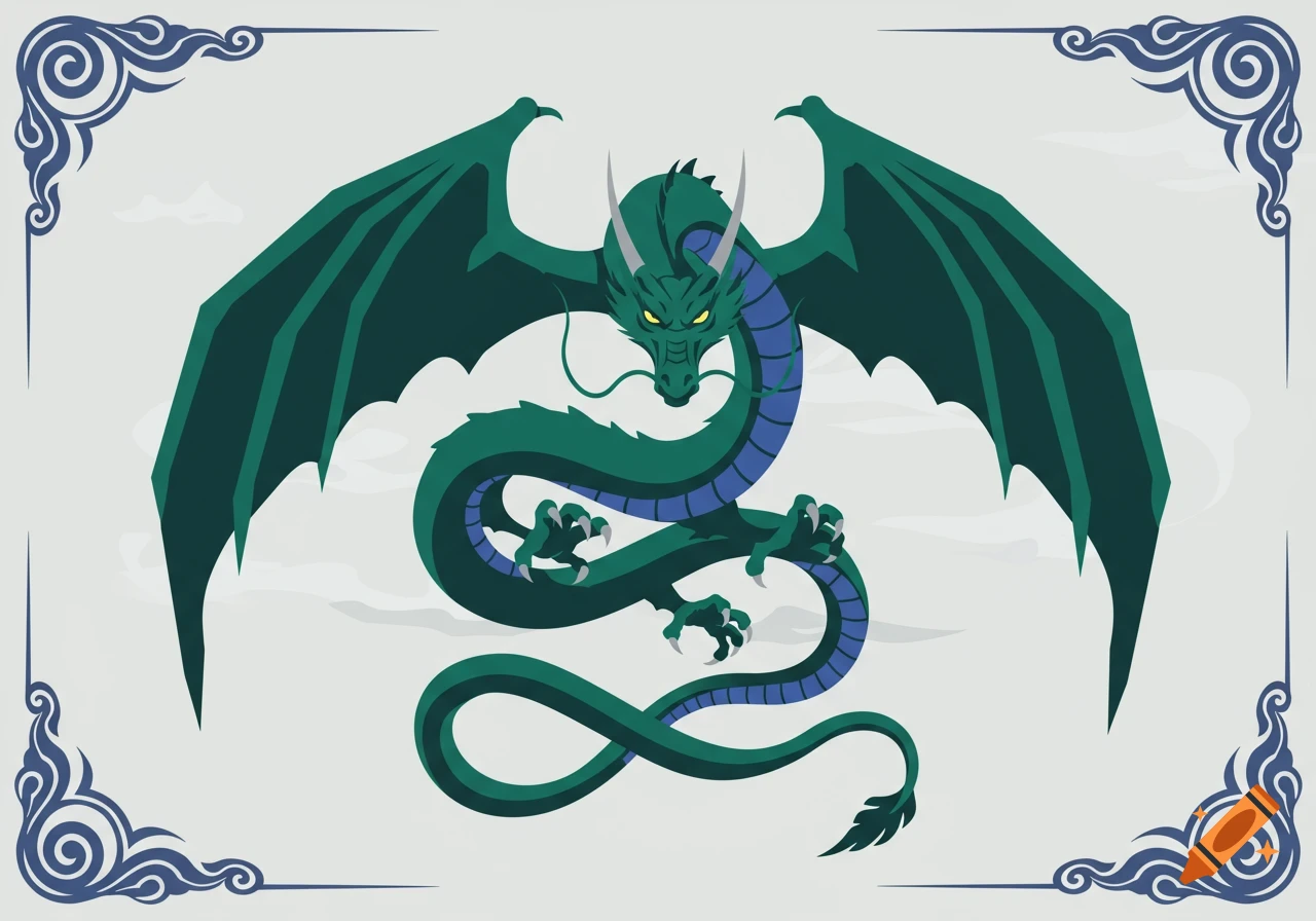 A stylized green and blue dragon with large wings and horns, framed by ornate blue corner designs, against a light background.