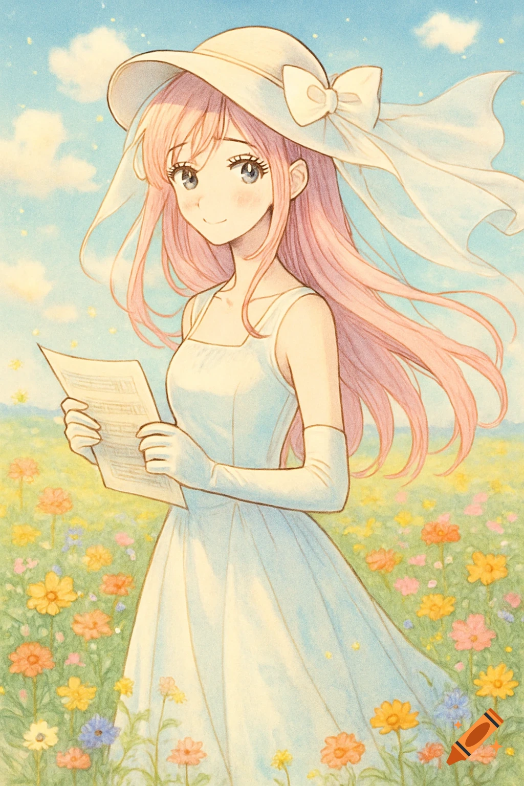 A smiling anime girl with pink hair, wearing a white dress and sun hat with a veil, stands in a flower meadow holding a sheet of music.