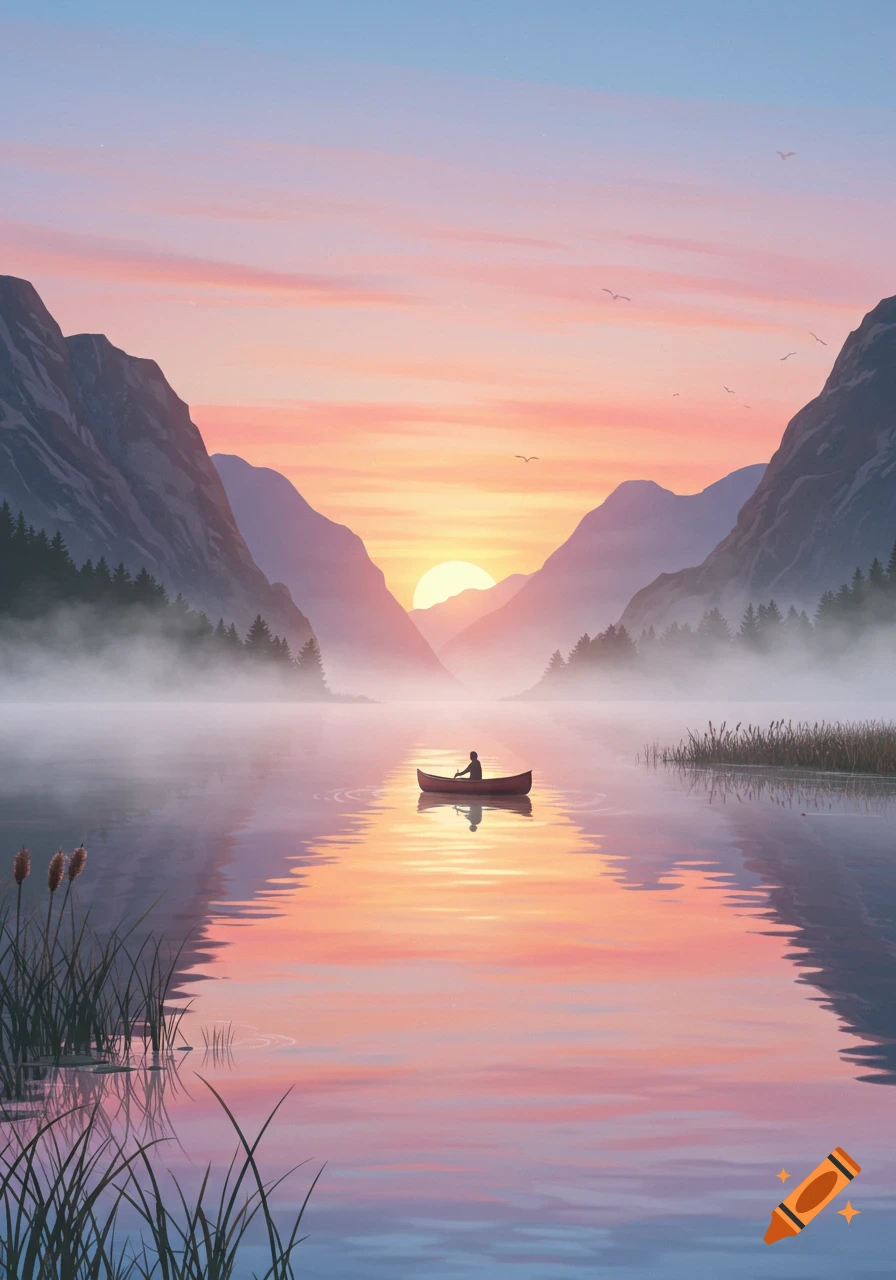 A lone person paddles a red canoe across a misty lake at sunrise, flanked by towering mountains and pine forests under a pastel sky.
